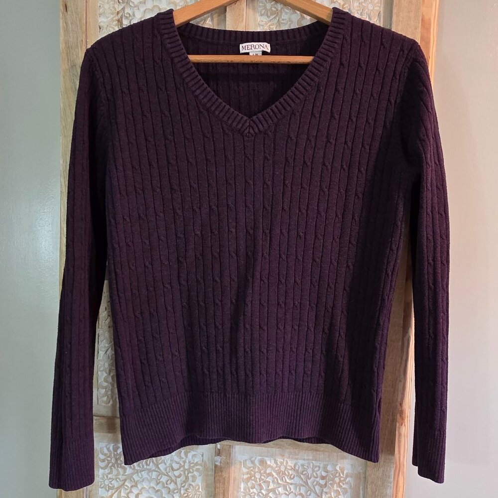 Merona Plum Ribbed V-Neck Sweater Women’s Large Classic Knit